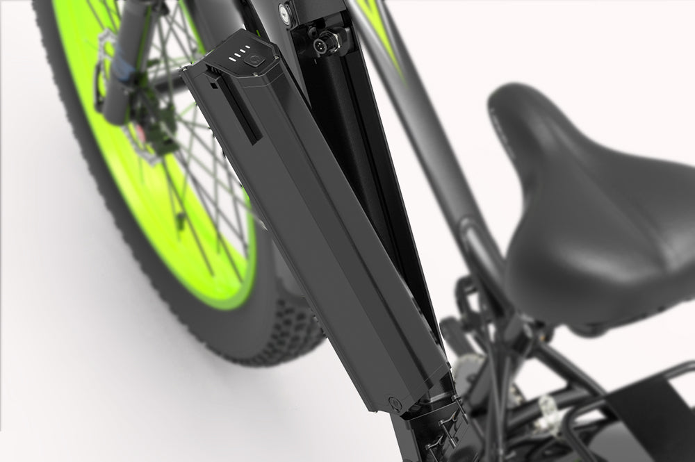 Lankeleisi electric bicycle lithium-ion battery, model XC4000, shown installed on the bike, compact and rechargeable for e-bike power.